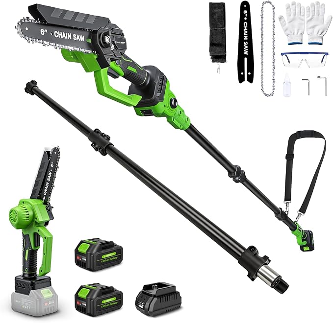 2-in-1 Electric Pole Saws for Tree Trimming, 6 Inch Mini Chainsaw Cordless with Lightweight Extension Pole, 2 * 4.0Ah Battery Powered Pole Chain Saw, 15ft Max Reach for Tree Trimmer Wood Cutting
