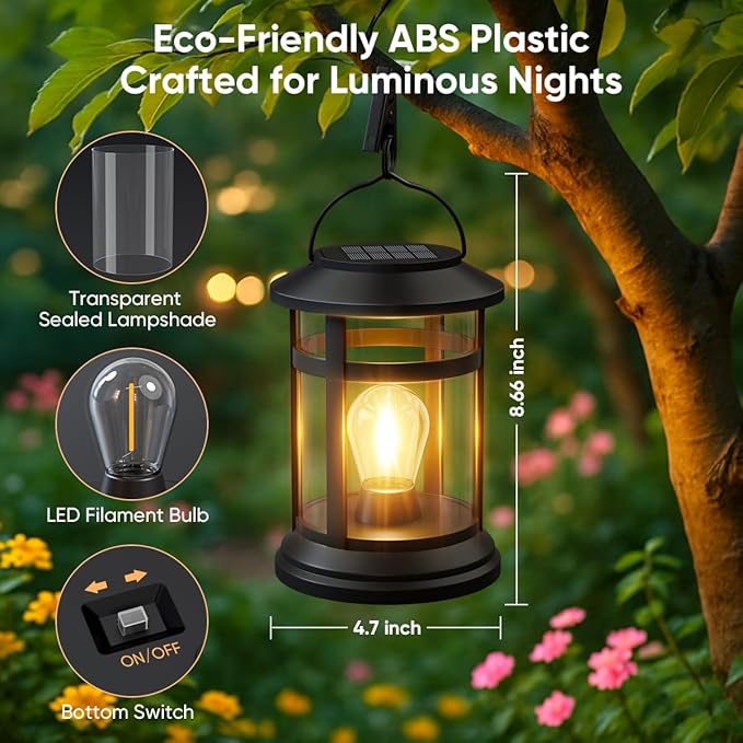 Solar Lanterns Outdoor Waterproof: 1 Pack Hanging Solar Lights for Outside Patio Porch Garden Tabletop Decor - Bright LED Warm White Solar Powered Lighting - Unique Gardening Lovers Mom Gifts