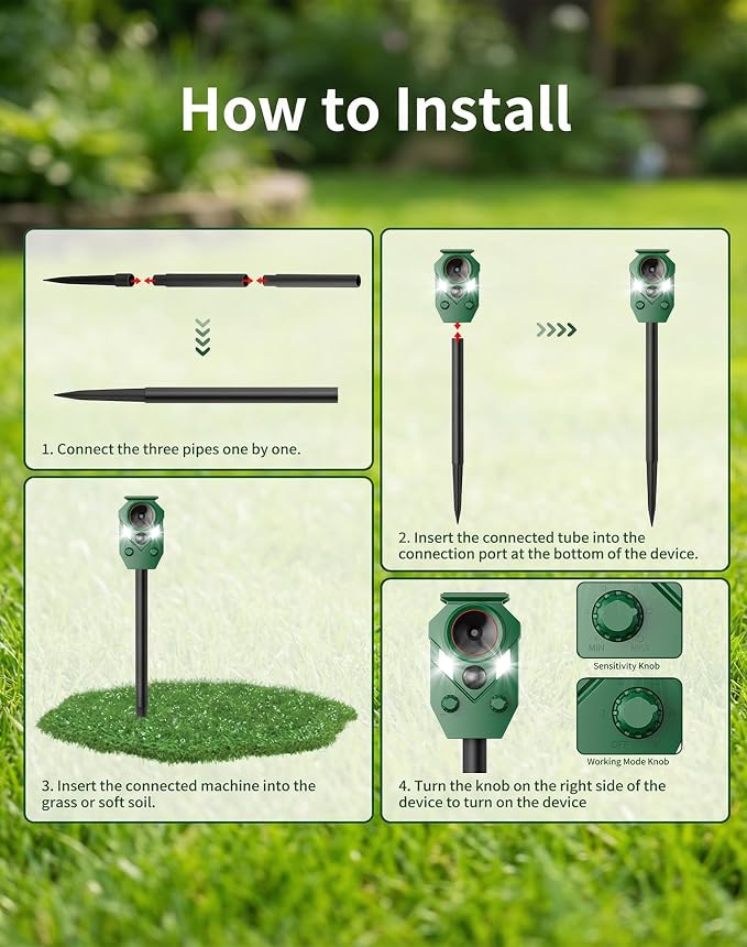 Solar Ultrasonic Animal Repellent Outdoor, Motion Activated Deer Repellent Devices with Flashing Lights, Waterproof Cat Repellent Outdoor, Repels Dog, Raccoon, Coyote for Garden & Lawn (2, Green)