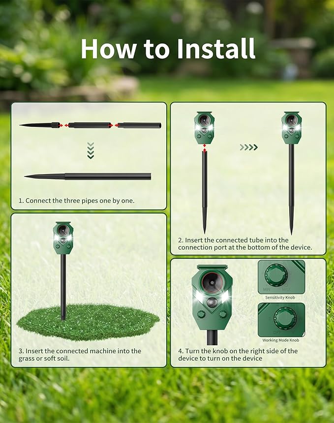 4 Pack Solar Powered Ultrasonic Animal Repellent Outdoor, Motion Activated Deer Repellent Devices with Flashing Lights, Waterproof Cat Repellent Outdoor, Repels Dog, Raccoon, Coyote for Garden & Lawn
