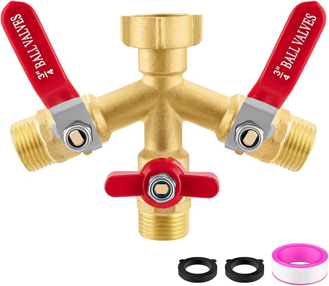 High Flow 3 Way Hose Splitter, Heavy Duty Brass Garden Hose Splitter,Water Hose Spigot Splitter with Easy-Grip Metal Handles, 3/4" GHT Thread Garden Hose Bib Splitter
