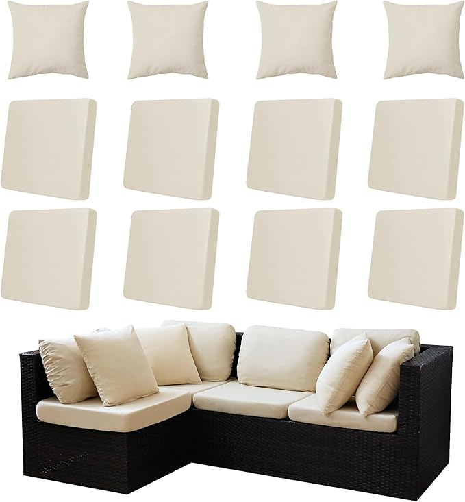 12-Piece Outdoor Cushion & Pillow Cover Set, 8 Seat Covers + 4 Pillow Covers, Stretch Patio Furniture Slipcovers for Sofa Sectional Chair
