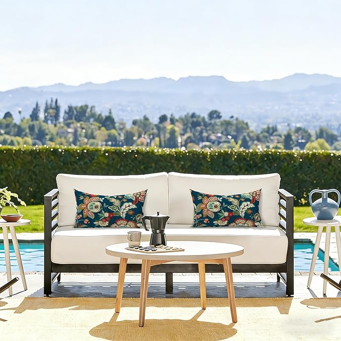 LVTXIII Set of 2 Patio Lumbar Pillows, 12" x 20" Fade Resistant Outdoor Lumbar Pillow with Inners, Fluffy Decorative Garden Lumbar Cushions for Home Patio Coach Sofa Use, Peacock Blue