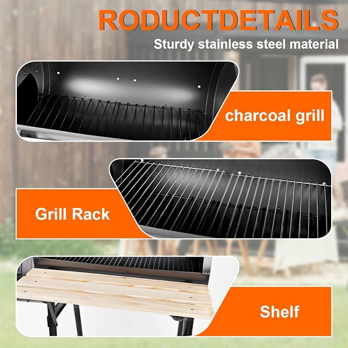 Charcoal Grills with Offset Smoker & Thermometer, Barrel BBQ Grill & Smoker Combo, Spacious Barbecue Grill for Outdoor Backyard Camping Parties