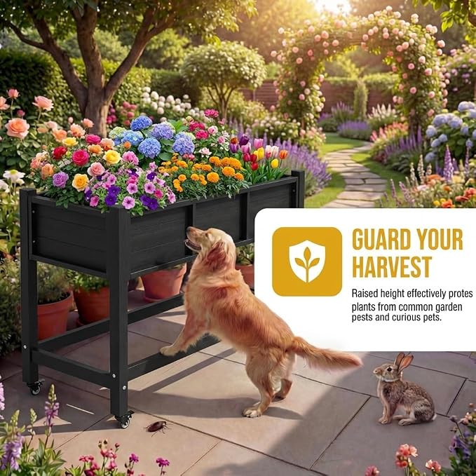 DWVO Raised Garden Bed HDPE with Wheels 47x18x31in Weather-Resistant Poly Wood Raised Planter Box Outdoor with Legs, Elevated Planter Box for Patio Balcony Backyard, Black
