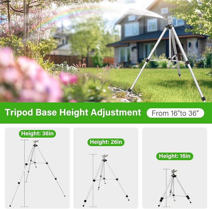 Heavy Duty Impact Sprinkler on Tripod Base,36 Inch Tripod Sprinkler with Brass Nozzle for Yard Large Area,Extra Tall 360 Degree Rotating,Waters Up to 80 Ft,Legs Extend Up to 36"
