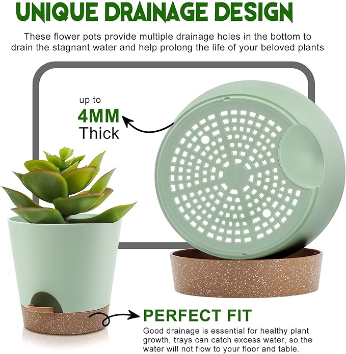 YNNICO Indoor Self Watering Planters with Drainage Holes and Saucers, 9,8, 7.5 Inches, Green, 3 Pots (Springgreen)