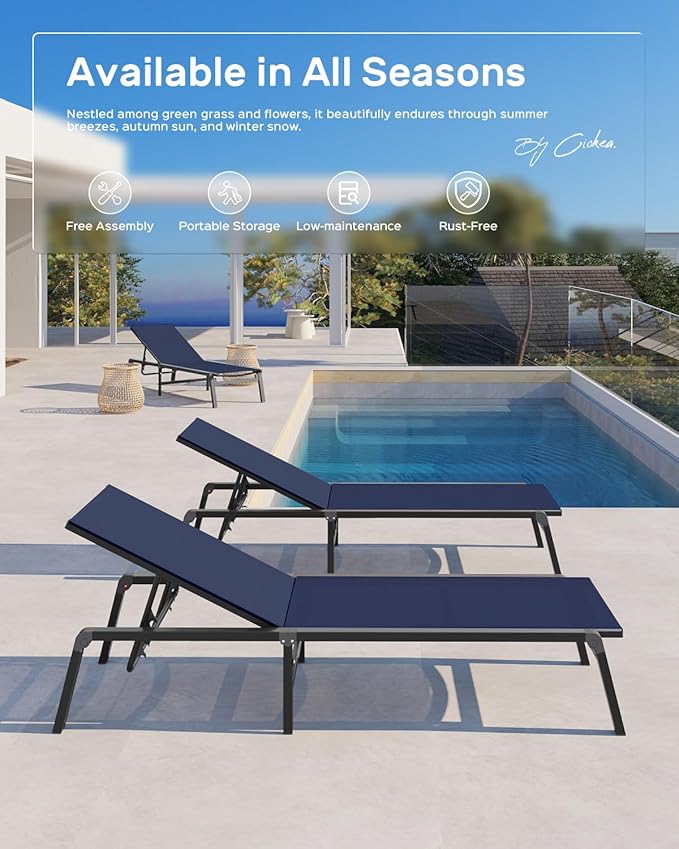 Patio Chaise Lounge Chair Set of 4, Foldable Lounge Chair for Outside, Aluminum Chairs with 5 Adjustable Backrest, Outdoor Pool Lounger for Poolside, Lawn, Deck, Navy Blue