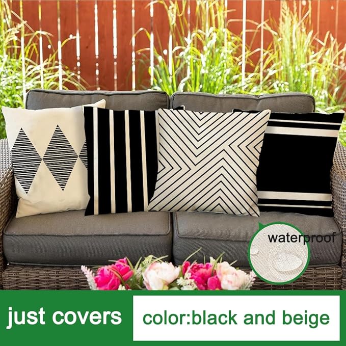 RABUSOFA Outdoor Pillows Waterproof,18x18 inch Black and White Throw Pillows Boho Set of 4 for Patio Furniture,Sunbrella Outdoor Pillow Covers for Couch(2W-18) (no Insert)
