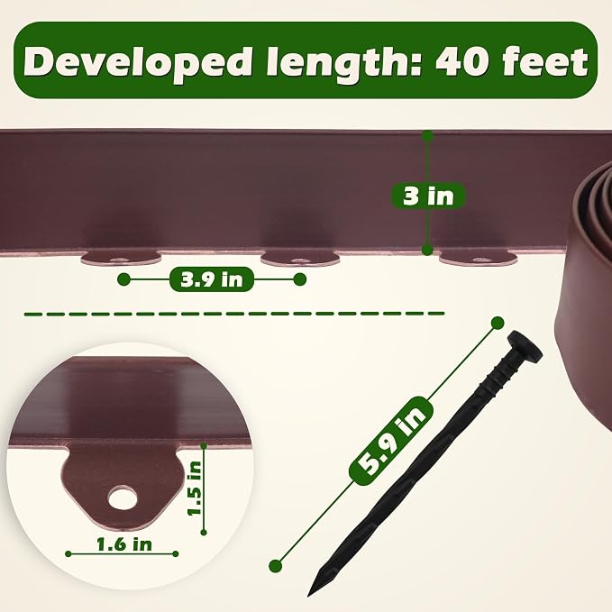 Gardzen Landscape Edging Kit, 40-Foot Long, 3-Inch Tall, No Dig Garden Edging Border for Flower Beds, Tree Rings, Pathways, Includes 40 Spikes, Brown