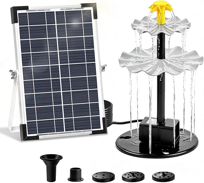9V 6W Solar Fountain, Solar Water Pump with 3 Nozzles & 9.84ft Cable, Cascading Solar Fountain Solar Bird Bath Fountain for Small Pond, Patio, Garden, Outdoor Water Feature