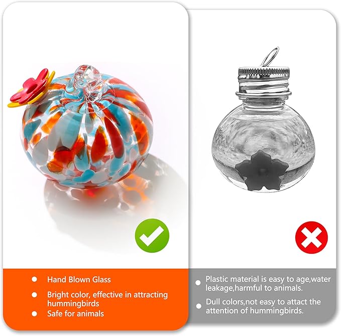 2 Pcs Blown Glass Hummingbird Feeder for Outdoors Hanging, Ant & Bee Resistant Window Bird FeederHandmade Garden Decor Gift for Women - Small Round Glass Feeders Bundle (Ellipse A2)