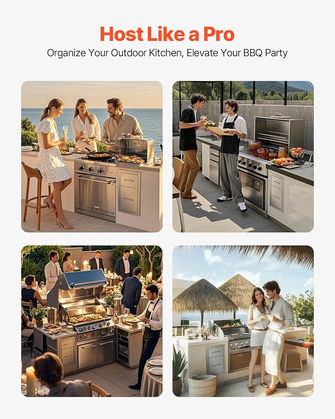 VEVOR Outdoor Kitchen Drawers 13" W x 20.5" H x 21" D, Flush Mount Double BBQ Access Drawers with Stainless Steel Handle, BBQ Island for Outdoor Kitchens or Patio Grill Station