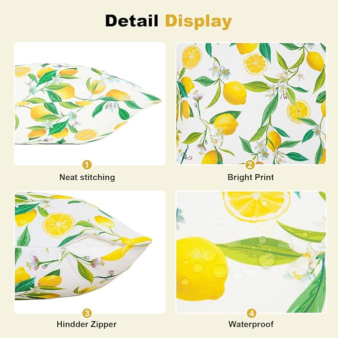 SquarePie Outdoor Pillow Covers 18x18 Inch Set of 2 - Waterproof Lemon Square Cushion Covers for Patio Garden Furniture, Summer Yellow Citrus Decorative Throw Pillow Cases for Couch Sofa Balcony Bench