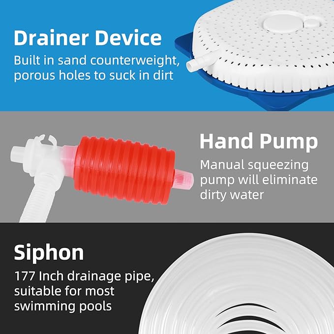 Pool Cover Pump Siphon, Automatic Above Ground Pool Water Pump, White, Round, Plastic, Siphon Mechanism, Effortless Pool Drainage
