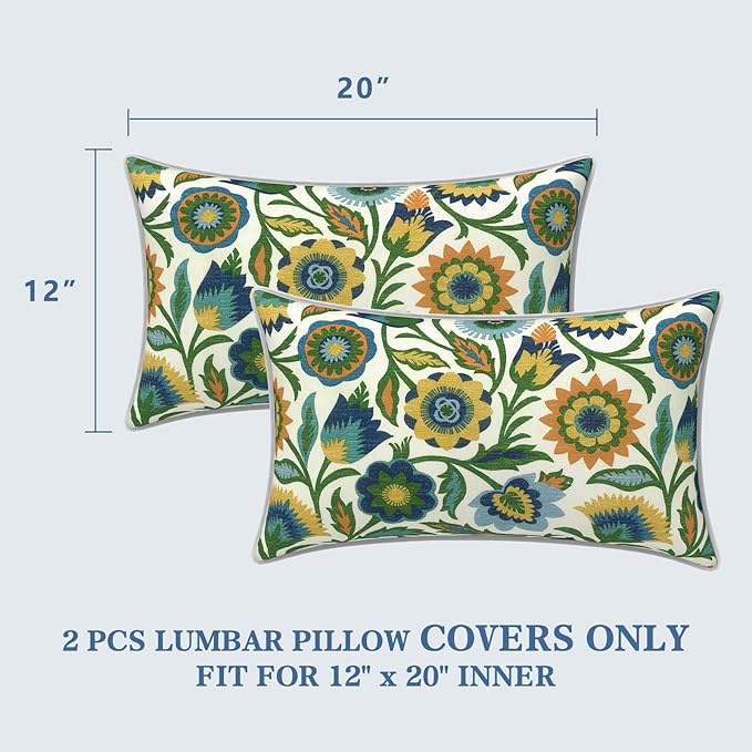 LVTXIII 2 Pack Outdoor Lumbar Pillow Covers 12x20 Inch with Piping, Water-Repellent Back Cushion Covers ONLY for Patio Furniture, Sofa, Garden Bench, Fiesta Floral