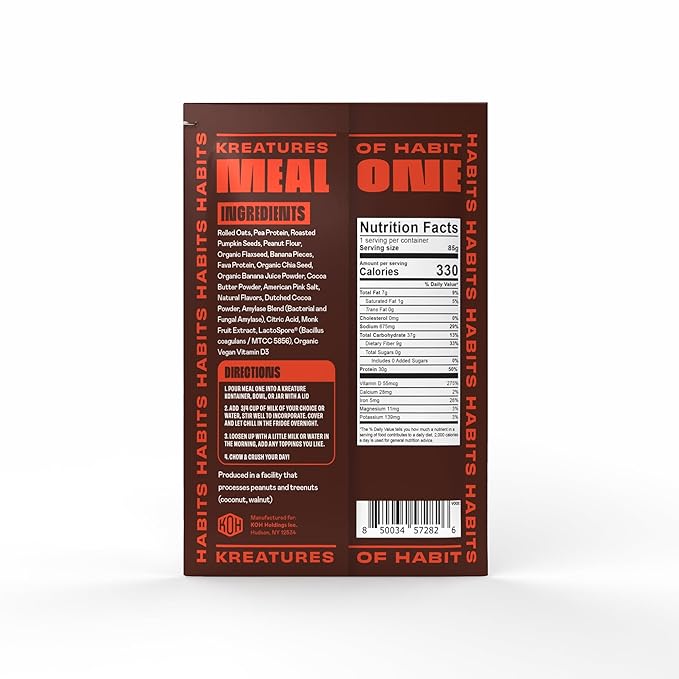 Kreatures of Habit MEAL ONE | Overnight & Instant Superfood Protein Meal Replacement | Gluten Free, Dairy Free, 30g of Plant Based Protein, With No Added Sugar | Peanut Butter Banana | Pack of 7