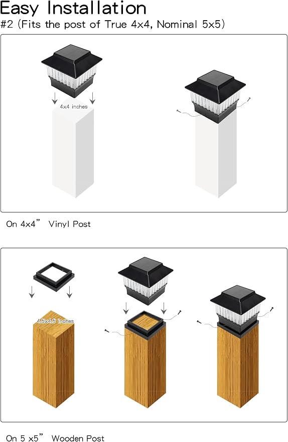 6 Pack Solar Post Cap Lights - Modern #2: Fits True 4x4 Vinyl & 5x5 Wood Posts, Bulk Savings, 3 Color Temp, 50 Lumen Waterproof Outdoor Lights for Deck Fence, Matte Black