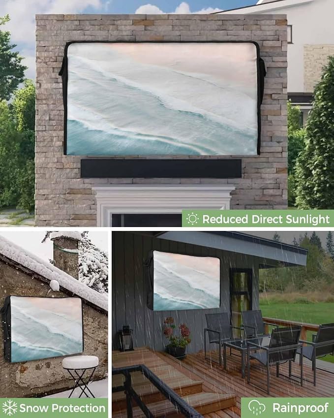 SummerBeach Outdoor TV Cover 48 to 50 Inches Weatherproof & Waterproof, Coastal Outdoor TV Enclosure with Remote Control Pocket, Seaside Nautical Aqua Beige Screen Protectors