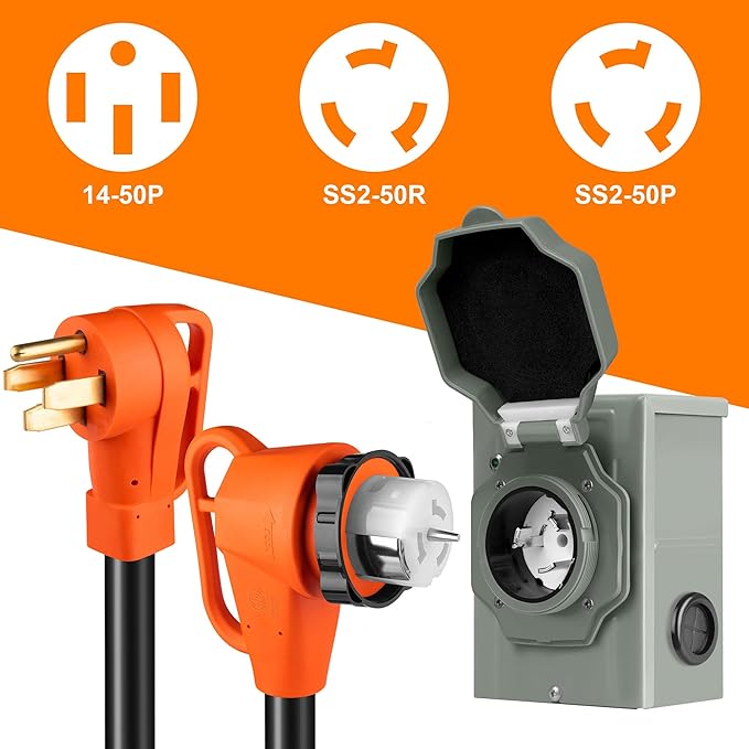 50FT 50 Amp Generator Cord and Power Inlet Box Kit, NEMA 14-50P to SS2-50R Generator Extension Cord, Pre-Drilled 50 Amp Generator Inlet Box with STW Wire, 125/250V, 12500W;UL&ETL Listed