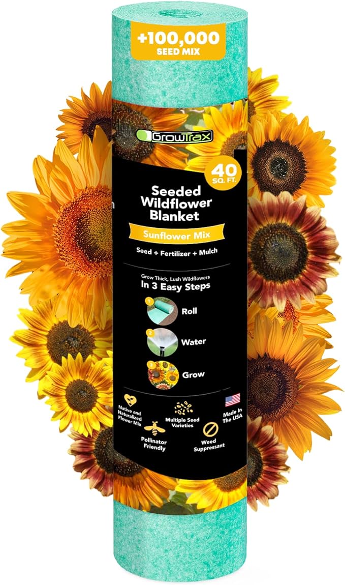 Growtrax Sunflower & Wildflower Seed Mat - 40 sqft Easy Plant and Grow with Eco-Friendly Bio Fabric Attracts Butterflies, Bees Blooms in Summer and Fall - Spring Mix Ideal for Gardens, Pots, Walkways