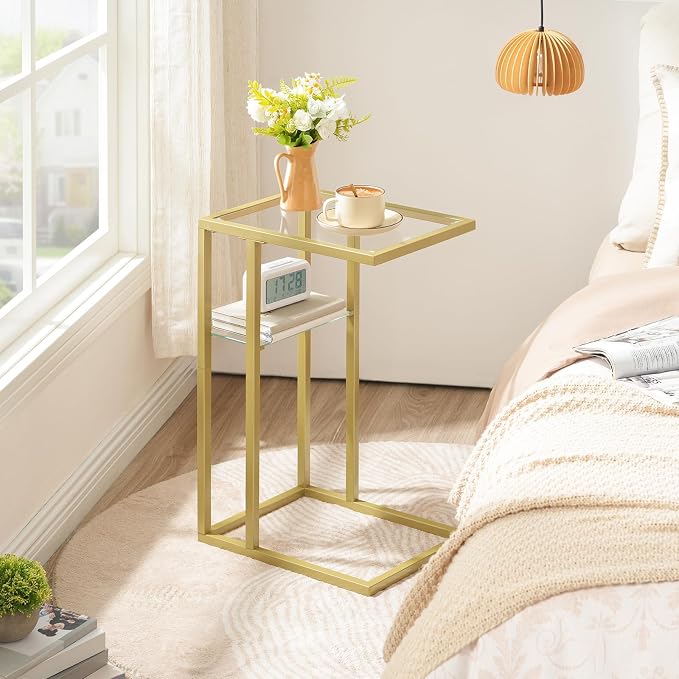 HOOBRO Plant Stand and End Table, 47.2" Tall Metal Plant Shelf, 7 Tiered Corner Plant Stand, C Shaped Side Table with Tempered Glass, 24.4’’ Small Side Table for Sofa, BF09DHJ01-GD08SF01