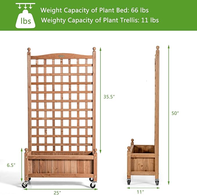 Giantex Set of 2 Mobile Plant Raised Bed, Wood Planter with Lattice Trellis and Wheels, Flower Box for Plant Climbing, Vertical Garden for Balcony Patio Yard, 25"x11"x 50"