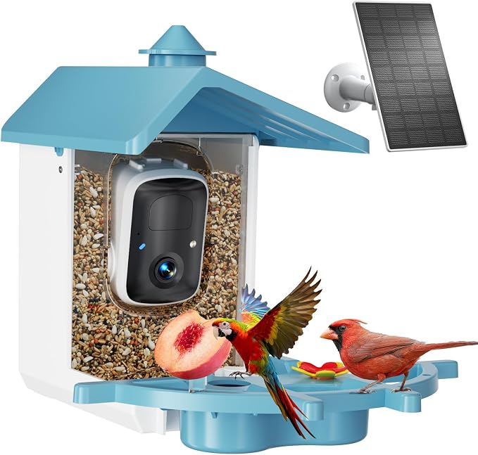 Bird Feeder with Camera for Outdoor, INKCKU 2K Solar Powered Bird Watching Camera, AI Identify Birds Species, Auto Capture Videos, Instant Arrival Alerts, Garden Decor, Gift for Mom Dad, Blue