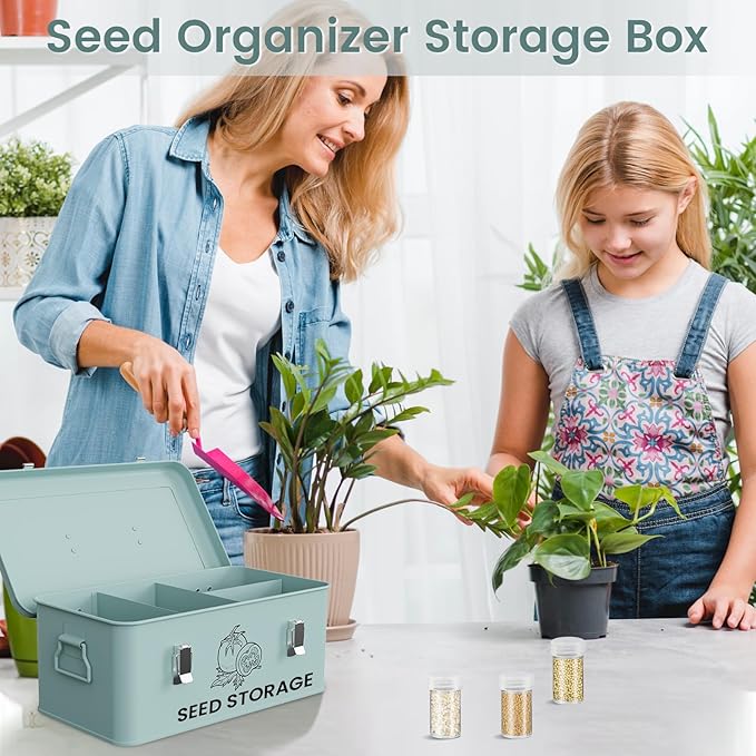 Seed Storage Organizer Box, Metal Seed Box, Garden Seed Organizer with Lid, Seed Containers Storage with 4 Compartments, 30 Seed Holder Organizers, 100pcs Seed Envelopes (Blue)