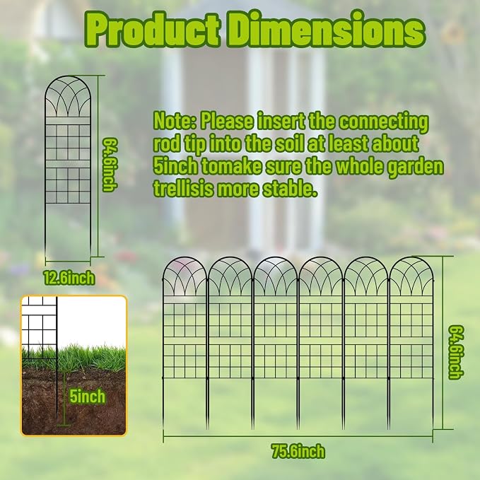 Garden Trellis for Climbing Plants, 6 Pack 75.6" Wx 64.6" H Rustproof Flower Trellis with Black Coating, Outdoor Climbing Rose Trellis Cucumbers Support for Courtyards Lawns (Square Grid, 6 Pieces)