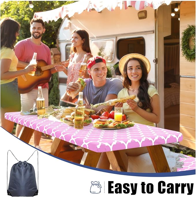 Smiry Picnic Table Cover with Bench Covers, Waterproof Elastic Fitted Tablecloth for 5 Foot Tables, Washable Polyester Tablecloths for Camping, Indoor & Outdoor (Pink, 30x60 Inch 3-pc Set)