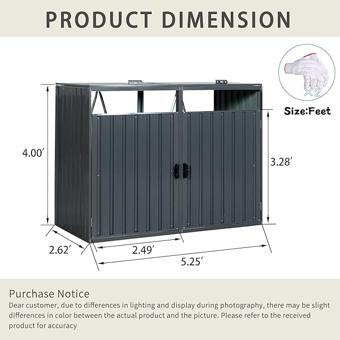 62.99" Metal Garbage Bin Shed Stores with Ventilated and Lockable,Patio Furniture 2 Trash Cans Outdoor Sheds w/Rust-Proof & Scratch- Resistant,for Garden Yard Lawn,Black