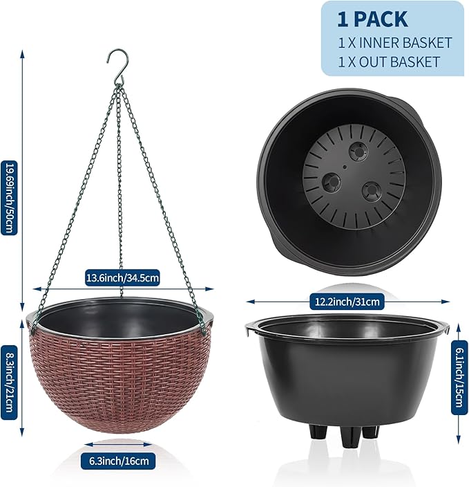 13.8 Inch Self Watering Hanging Planter, 4PCS Round Resin Hanging Basket for Indoor Outdoor Plants, Rattan Look Flower Pot with Drainage Plug, Deep Inner Pot and Sturdy Metal Triple-Chain Hanger