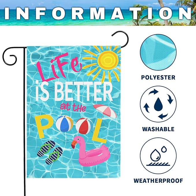 Life Is Better at the Pool Garden Flag Summer Pool Party Outdoor Decor Double Sided Swimming Pool Flags Flamingo Beach Ball Sunshine Yard Banner Lawn Patio House Poolside Decor 12x18 Inch