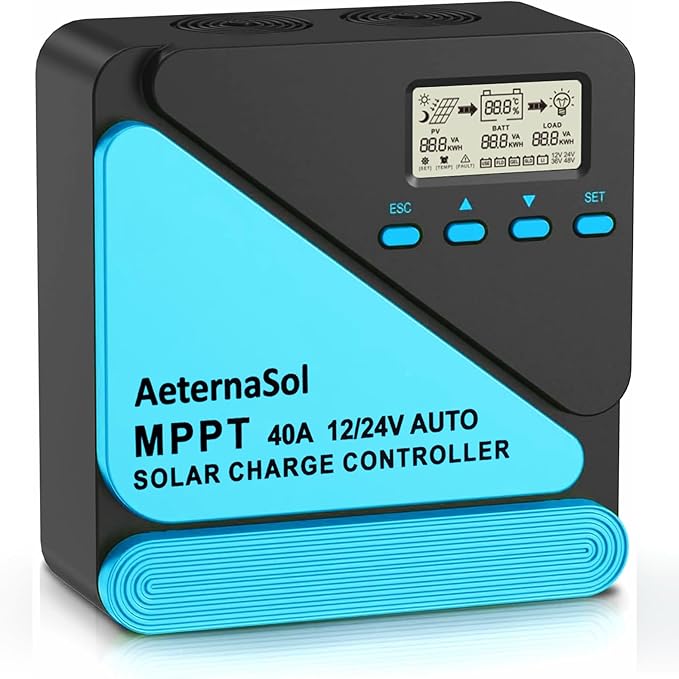 Solar Charge Controller 40A Charge Controllers 12/24V MPPT Solar Charge Controller with Adjustable LCD, Timer, Dual USB, Max Input 100V for LiFePO4/AGM/GEL/FLD Batteries (Blue)