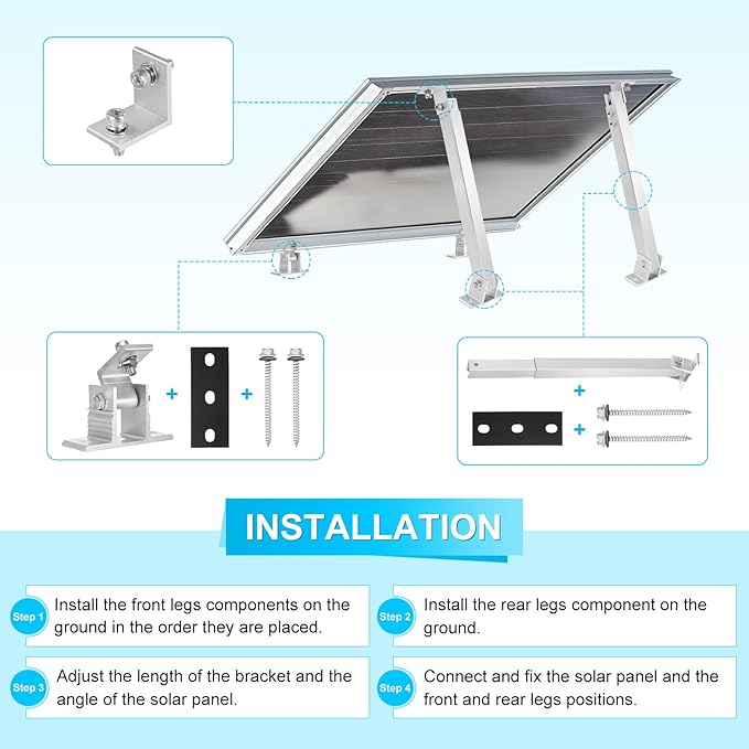 M METERXITY 2 Sets Adjustable Solar Panel Tilts Mount Brackets Aluminum Alloy Mounting Brackets Kit Support 50W 70W 100W 150W 200W 300W 400W Solar Panel for Roof/RV/Boat/Wall/Off-Grid/Camping