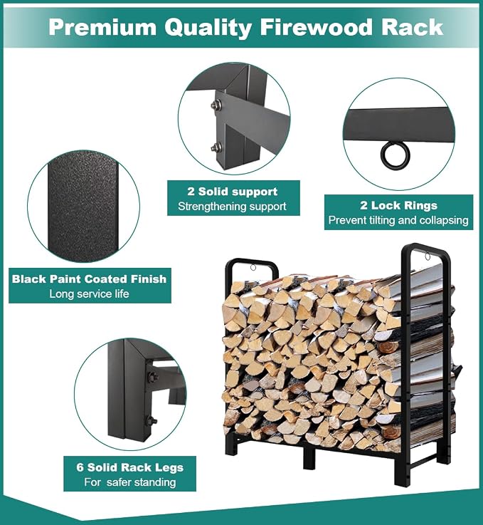 4Ft Firewood Rack Adjustable Fireplace Wood Holder for Outdoor Indoor Storage Log - Heavy Duty Fire Log Lumber Stand Stacker, Black