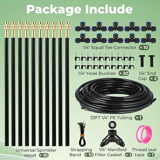 33FT Drip Irrigation System for Garden: 10 Nozzles 1/4" PE Tubing Automatic Watering Kit Adjustable Misting Sprinkler Mister Hose for Water Plants Tape Raised Beds Lawn Outdoor Yard Greenhouse