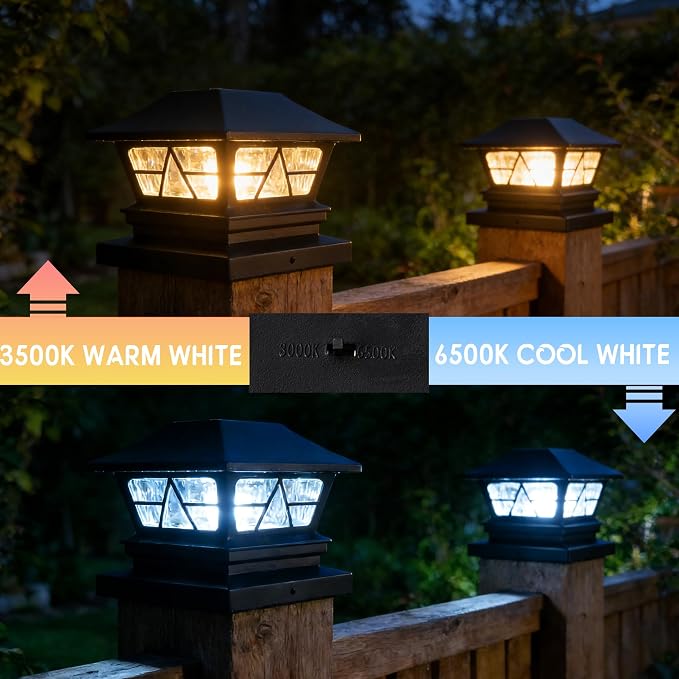 TW SHINE 4 Pack Solar Outdoor Fence Post Lights, 2 Modes Post Cap Lights Waterproof Color Changing Warm White/Cool White for Yard, Garden, Porch, Patio Decor, for 4x4 5x5 6x6 Wood Posts