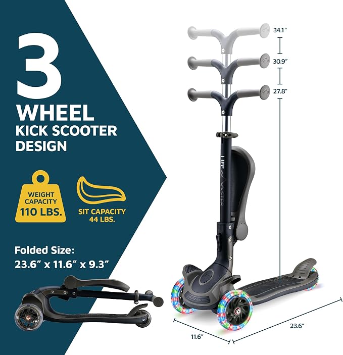 3 Wheel Scooter for Kids with Foldable Seat, Adjustable Handlebar Height, Lean-to-Steer Ride On Toy for Kids Ages 2+, Light-Up LED Wheels, Wide Anti Slip Deck, Indoor & Outdoor Use
