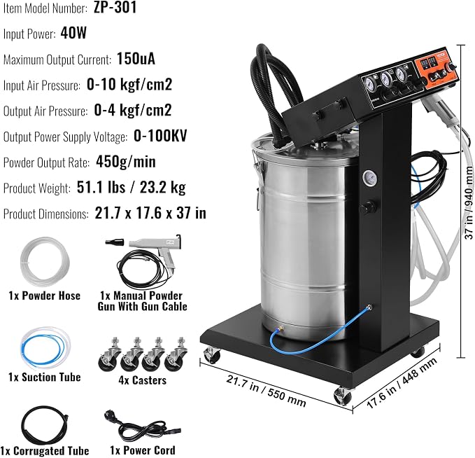 VEVOR Powder Coating System - 40W 100KV Electrostatic Output Kit with 50L Powder Hopper, 450g/Min Spray Gun & Trolley Base, Indoor/Outdoor