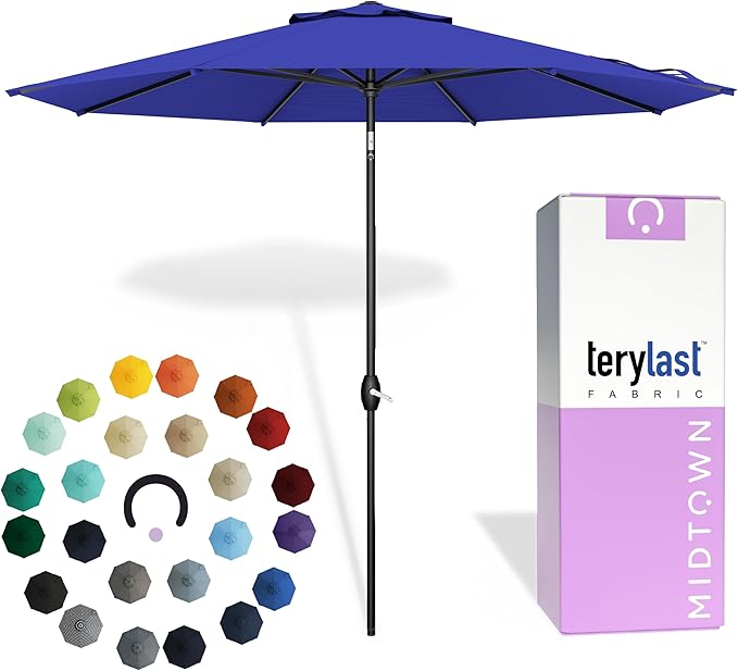 Midtown Umbrellas - 10-Year-No-Fade 6 Ft Patio Umbrella with Terylast Fabric, Auto-Tilt Aluminum Frame and 8 Reinforced Ribs for Deck, Pool, Garden & Beach - Royal Blue Canopy, Black Pole