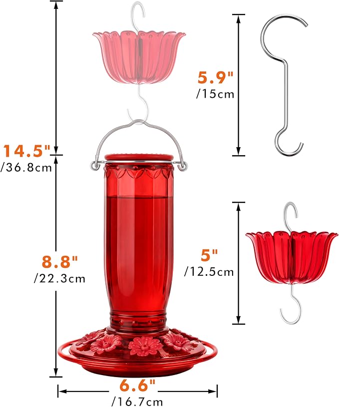 iBorn Hummingbird Feeders for Outdoors Hanging with Ant Moat for Hummingbird Feeder Glass 8 Ports for 16oz Humming Bird Nectar, Red Flowers Red Glass, Pack of 1