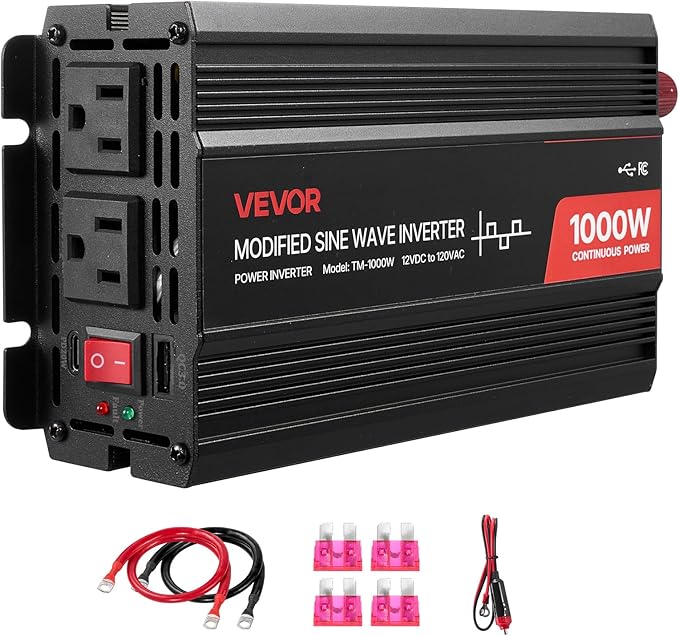 VEVOR 1000W Power Inverter, 12V DC to 120V AC Modified Sine Wave Inverter, Car Charger Converter with USB & Type-C Port, 2 AC Outlets, LED Indicator Light, Ideal for RV, Truck Outdoor Camping