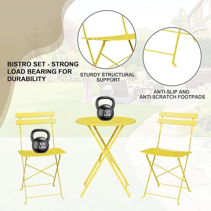 Bistro Table and Chairs Set of 2, 3 Piece Outdoor/Indoor Folding Patio Bistro Sets, 2 Chair Patio Furniture Set with Table, Premium Frame Foldable Coffee Tables for Balcony, Yard, Garden, Yellow