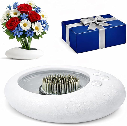 Flower Frog Vase Kit – Japanese-Inspired Arita-Style Glazed Ceramic Ikebana Vase with Kenzan & Gift Box, for Floral Arranging, Home & Office Decor, Relaxing Ambience (White Large)