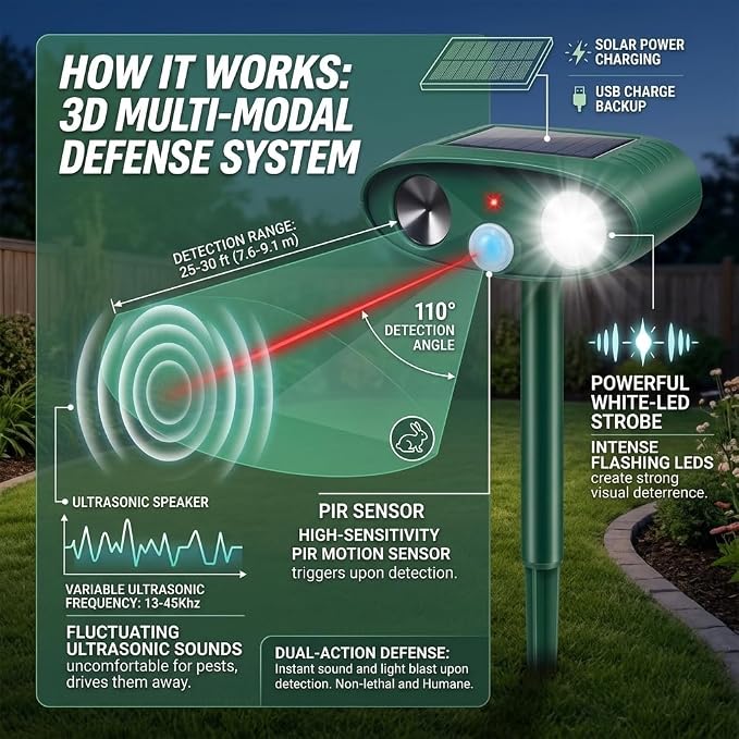 2026 Upgraded Sonic Fortress Pro Deer Repellent Devices,2Pack Solar Ultrasonic Animal Repellenwith Motion Sensor&Flash Light,USB Rechargeable Cat Repellent Scare Squirrel Rabbit Out of Garden Yard