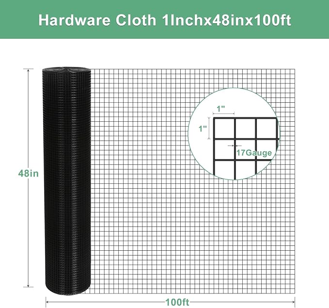 Galvanized Black Vinyl Coated Hardware Cloth | 1 Inch Mesh 17 Gauge 48"x100' |Rust & Resistant, for Chicken Coop, Rodent Proof, Tree Guard, Garden Plant Fencing, Pet Enclosures & Home Improvement