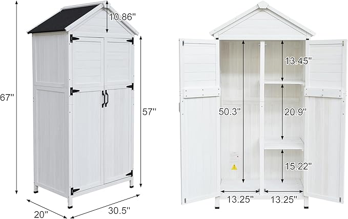 Christopher Knight Home Neapo 67" Outdoor Storage Shed, Spacious Storage Garden Tools Shed, Fire Wood Tall Sheds, Two Open Doors, Wooden Panel Design, Easy Organize Lawn Mowers, Shovels, Pots, White