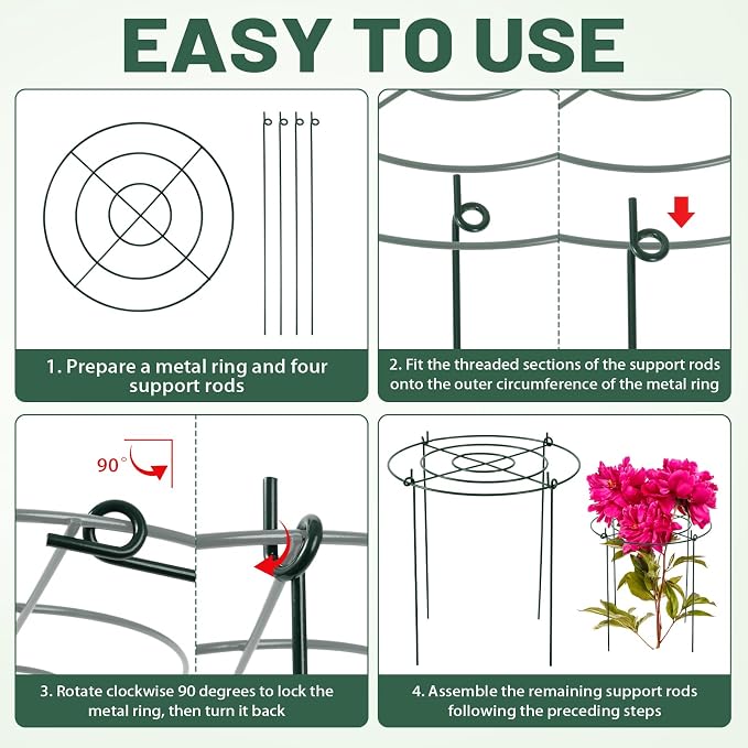 8 Pack Heavy Duty Metal Peony Cage and Supports, 4 Legs Plant Support Ring for Outdoor Plants Rose Sage Peonies Cucumbers Tomato Strawberry(11.8" Dx16 H)